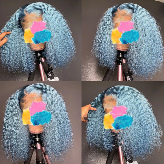 Cyan-Blue Colored Human Hair Wigs 99J Burgundy Lace Front Wig Natural Curly Human Hair Wig Highlight Wig Human Hair Peruvian Wig