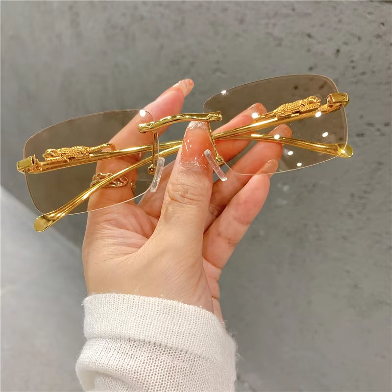 Vintage Sunglasses Rimless Cut Edge Women'S Sunglasses Fashion Designer Shades Luxury Golden Leopard Frame Sunglasses UV400